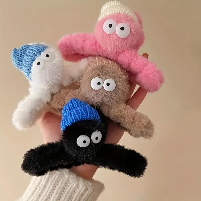 Fluffy haarklem met oogjes en mutsje - verschillende kleuren